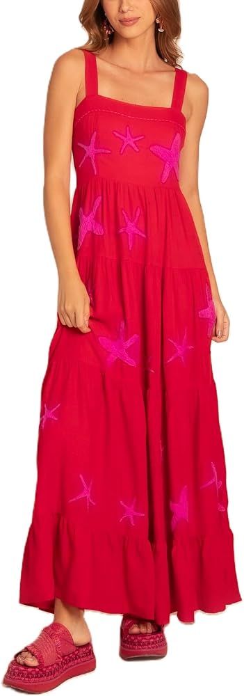Women's Floral Embroidered Maxi Dress Sleeveless Square Neck Flowy Tiered Long Dress Casual Holid... | Amazon (US)