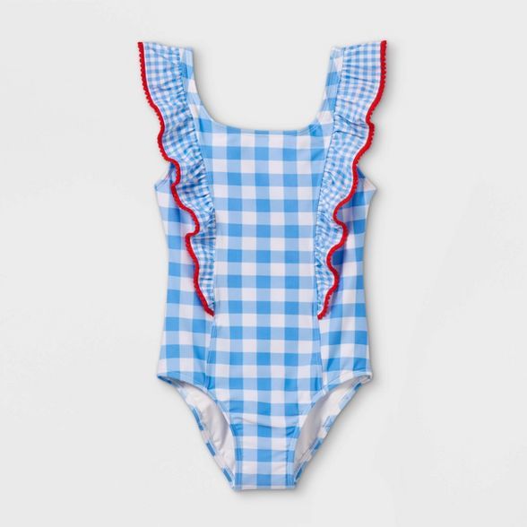 Girls' Gingham Ruffle-Front One Piece Swimsuit - Cat & Jack™ Blue | Target