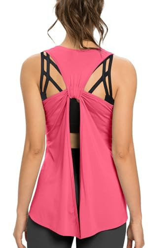 Sanutch Tie Back Workout Tank Womens Backless Workout Tops Open Back Shirt Hot Pink M | Amazon (US)