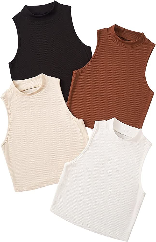 SheIn Women's 4 Piece Mock Neck Crop Top Basic Sleeveless Ribbed Knit Cami Crop Tank Tops | Amazon (US)