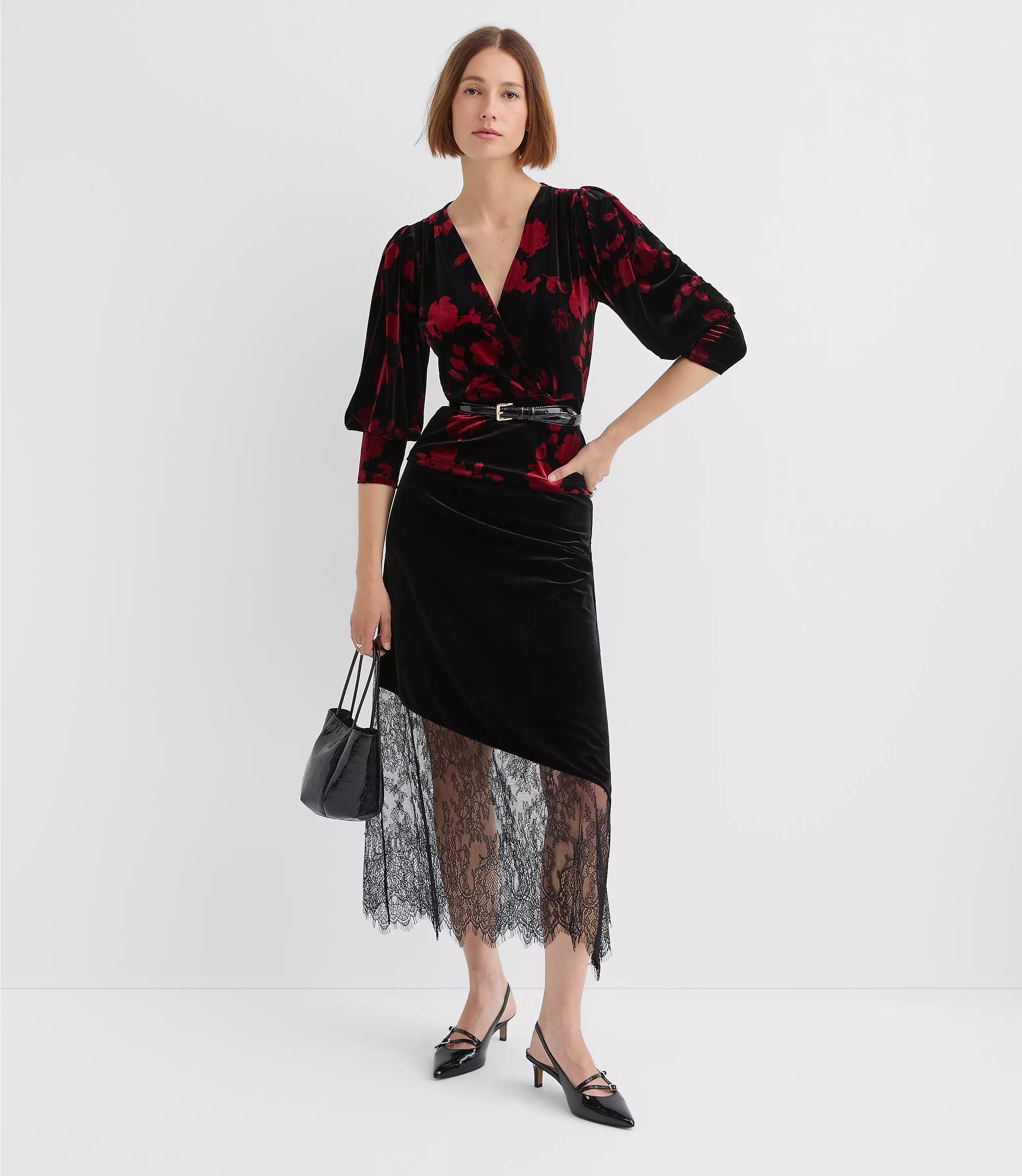 Chantilly Lace Velvet Bias Midi Skirt | LOFT