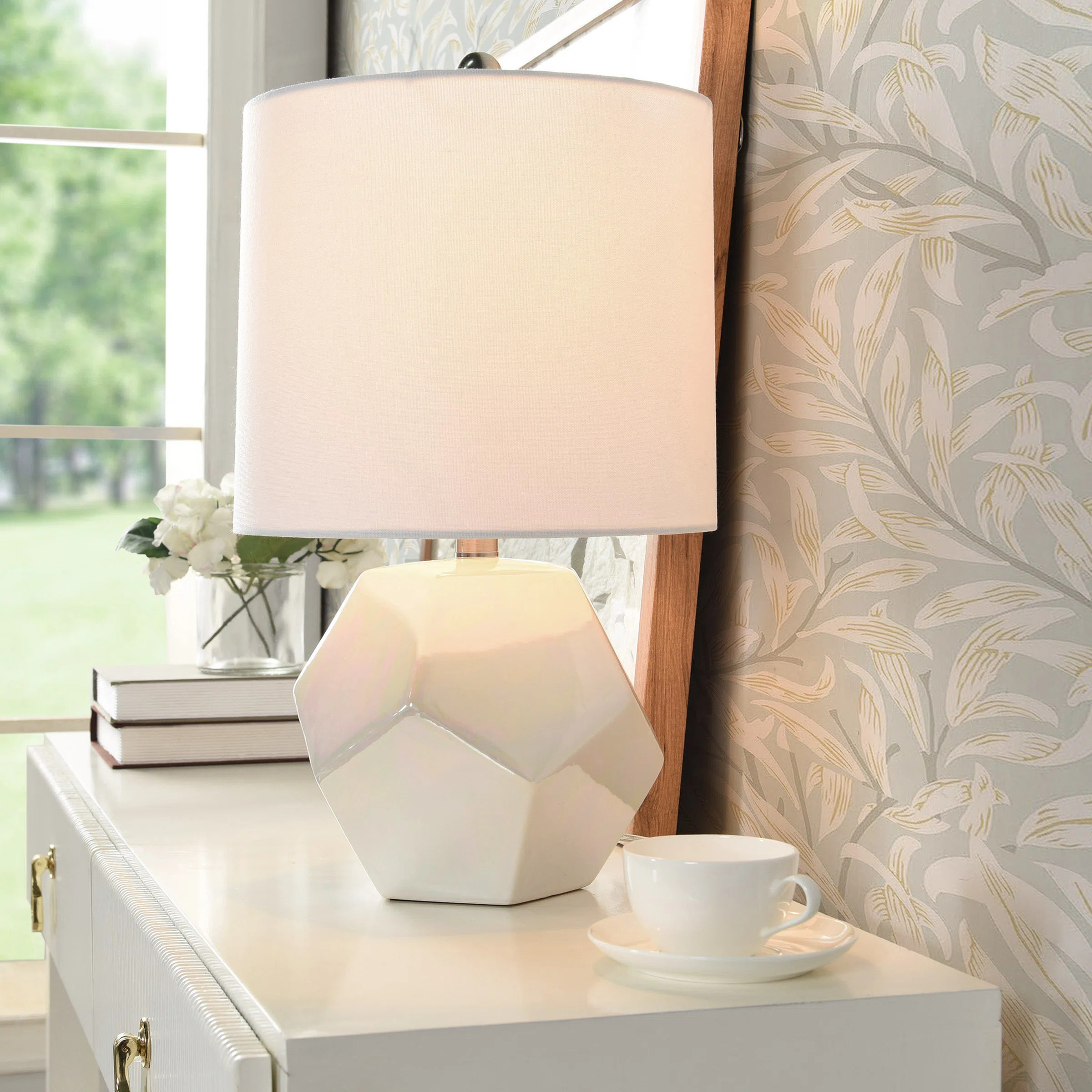 Prism Pearl Table Lamp - Gloss White with Iridescent Pearl Glaze - Brussels White Shade | Wayfair North America