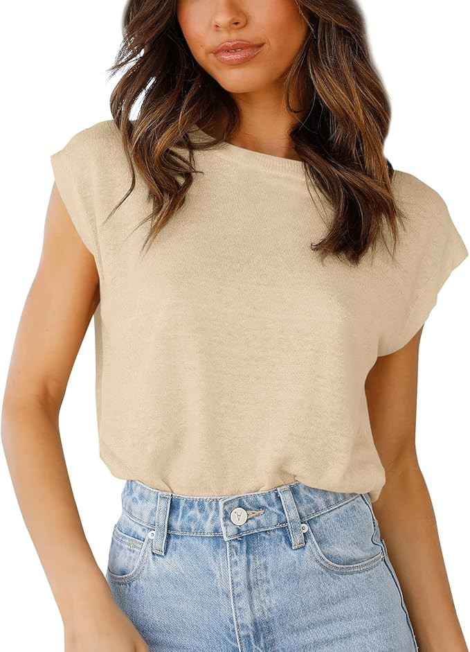 uncinba Womens Summer Cap Sleeve Tank Tops Crewneck Knit Sweater Vest Casual Basic Tees | Amazon (US)