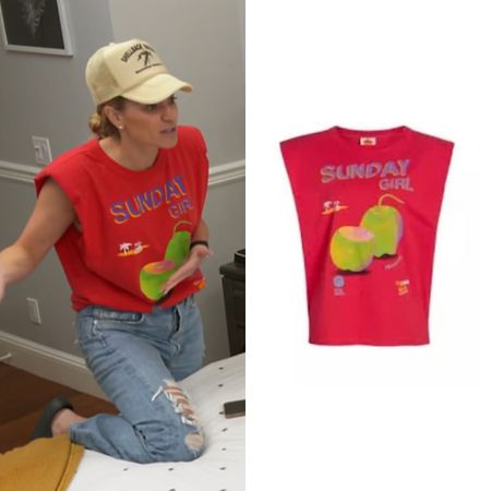 Lindsay Hubbard's Red Padded Shoulder Graphic Top 