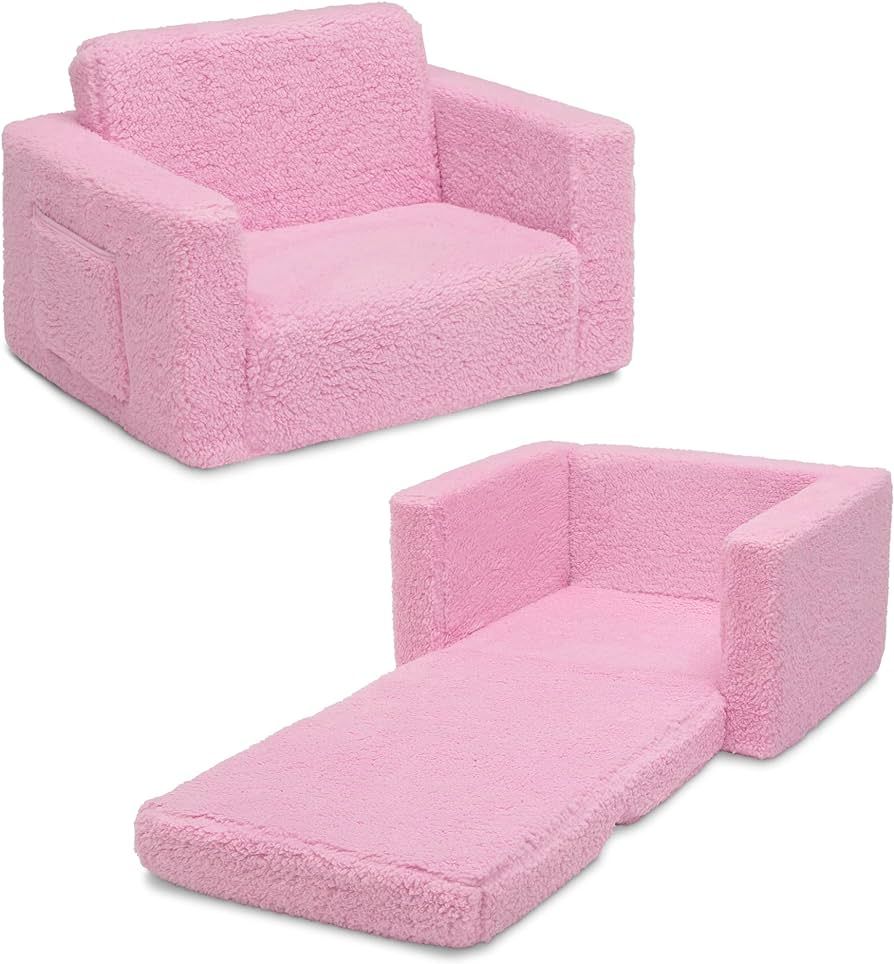 Cozee Flip-Out Sherpa 2-in-1 Convertible Chair to Lounger for Kids, Pink | Amazon (US)