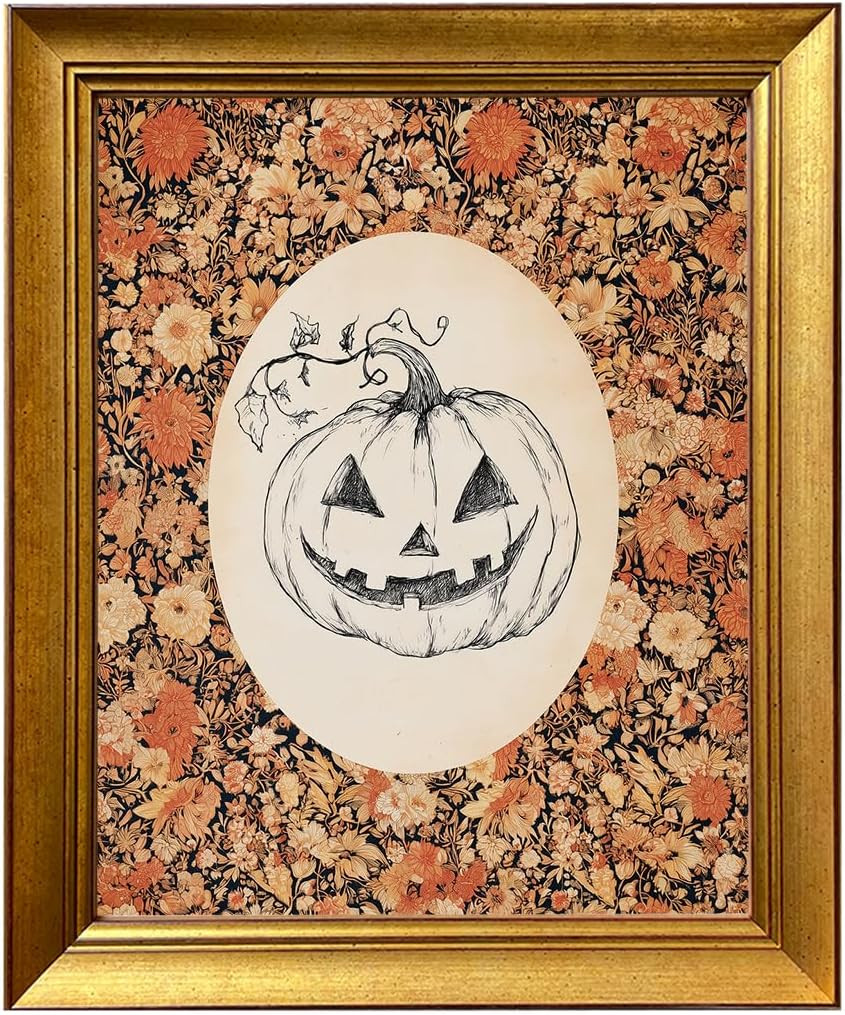 Vintage Gold Framed Floral Autumn Wall Art Halloween Sketch Print Spooky Pumpkin Wall Decor Rustic Halloween Fall Painting | Amazon (US)