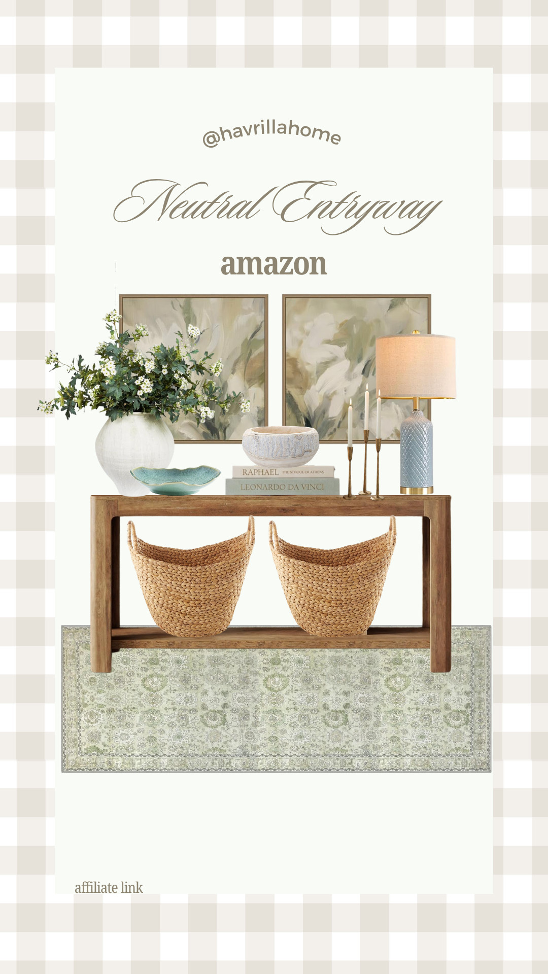 Amazon Neutral Entryway, entryway decor, entryway table styling, Amazon home decor, neutral home design, console table decor, woven baskets, vintage inspired rug, floral wall art, table lamp decor, modern traditional home, foyer decorating ideas, affordable home finds, neutral decorating inspiration, entryway organization, Amazon decor finds

#LTKSeasonal #LTKHome