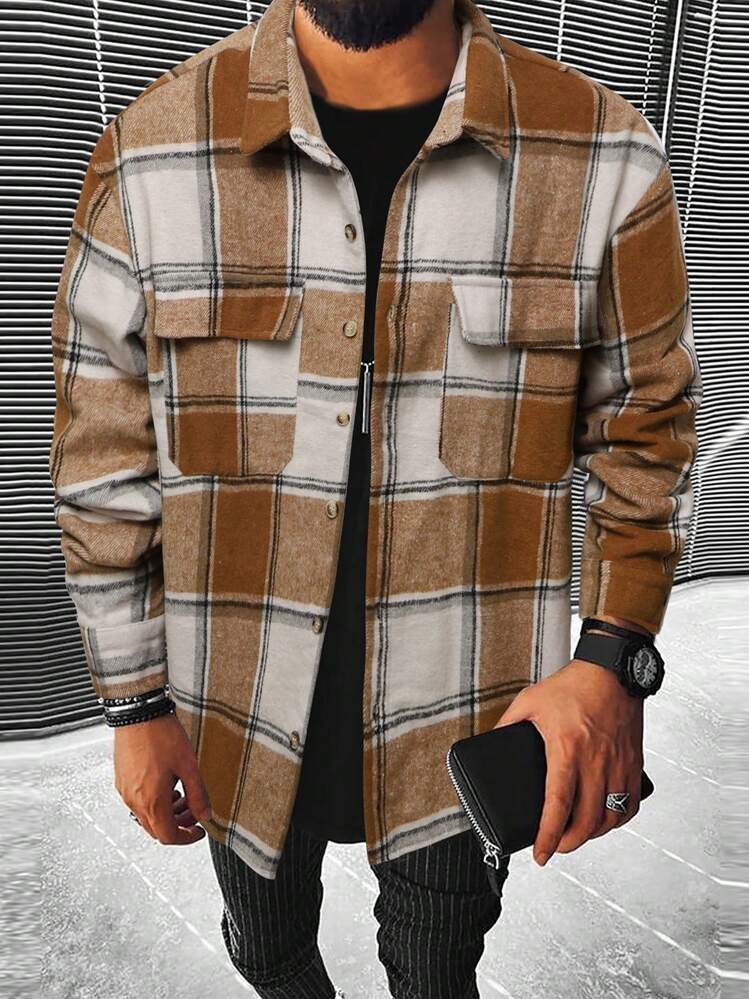 TrendsManfinity Men's Front Button Plaid Casual Shirt With Pocket, Long Sleeve, Daily Wear | SHEIN