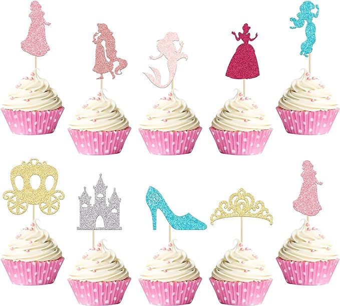 Gyufise 36Pcs Princess Cupcake Toppers Colorful Glitter Mermaid Girl Castle Carriage High Heel Cr... | Amazon (US)
