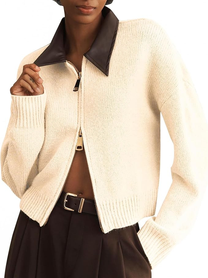 Womens Cropped Cardigan Sweaters Fall Winter Zip Up Lapel Collared Long Sleeve Open Front Chunky ... | Amazon (US)