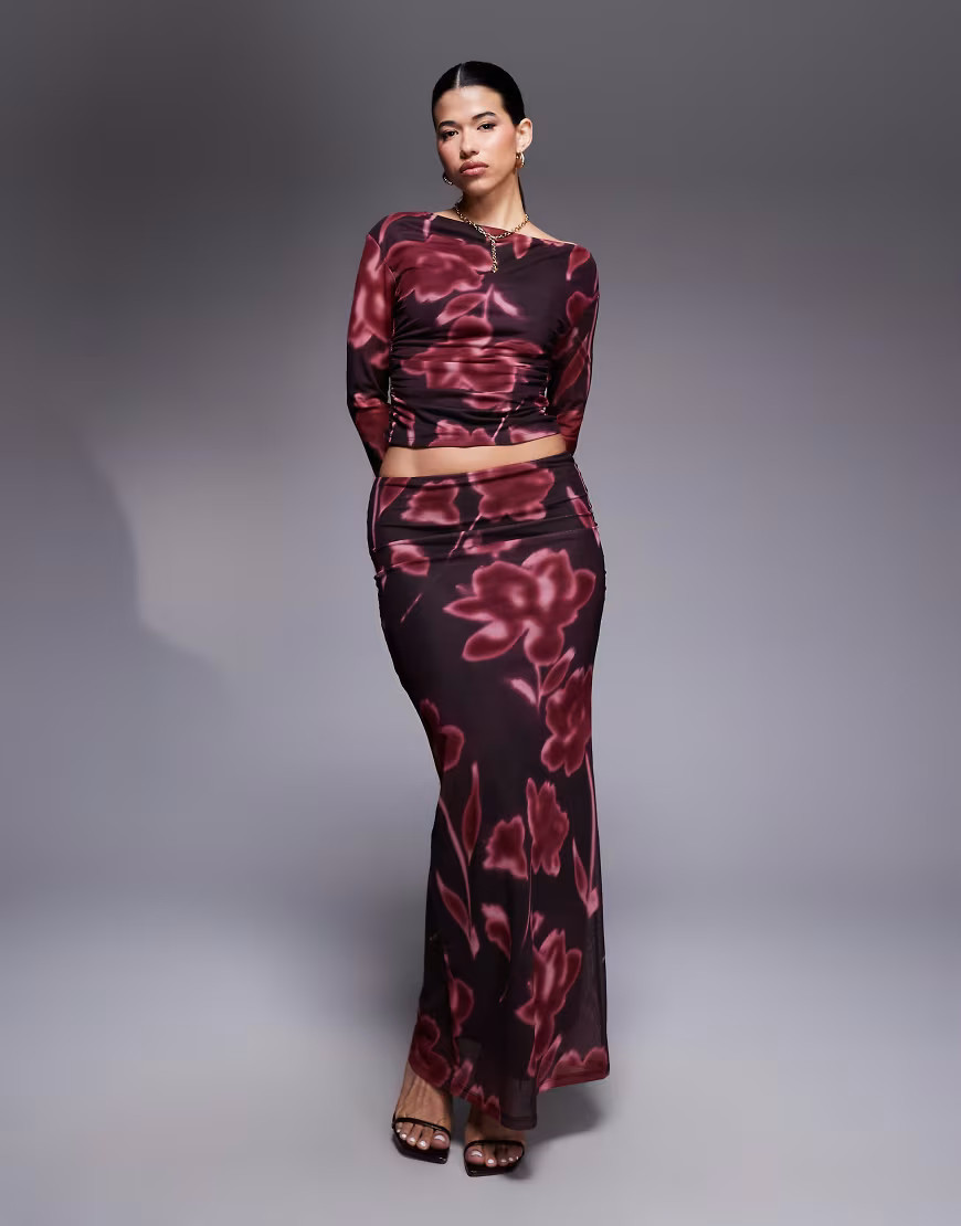 ASOS DESIGN blurred floral mesh low rise co ord maxi skirt in burgundy | ASOS (Global)