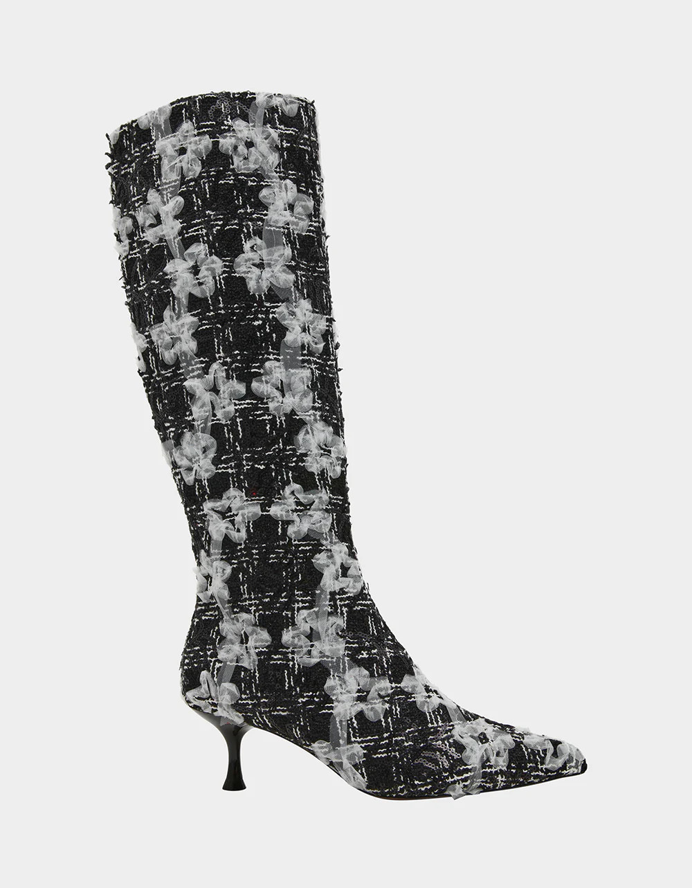 MAXXINE BLACK WHITE MULTI Pointed-Toe Knee-High Kitten Heel Women's Boot | Betsey Johnson