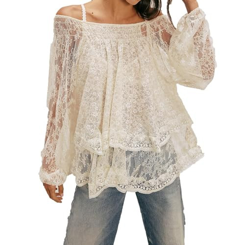 Women Sheer Lace Off The Shoulder Tops Lantern Long Sleeve Tiered Lacy Tops Loose See-Through Blouses (White, L) | Amazon (US)