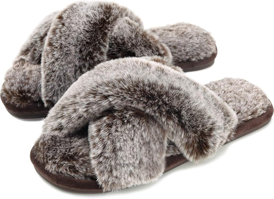 Womens Cross Band Slippers Cozy Furry Fuzzy House Slippers Open Toe Fluffy Indoor Shoes Outdoor S... | Amazon (US)