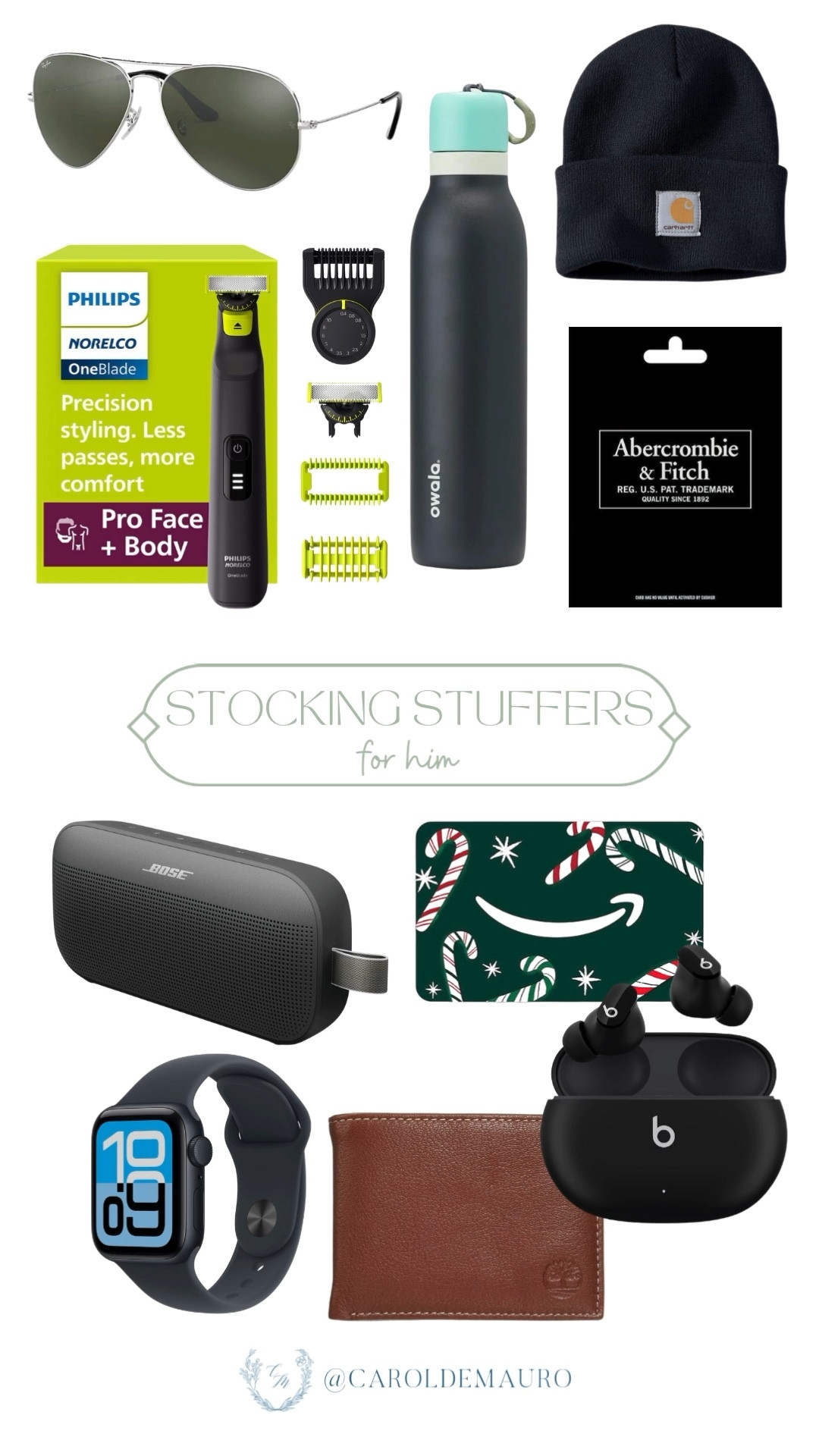 Finishing up the stocking stuffing with these essentials: Aviator sunglasses, a Philips Norelco OneBlade, a Carhartt Beanie, Owala bottle, and gift cards from Abercrombie & Fitch and Amazon, plus some great tech like the Bose SoundLink speaker, an Apple Watch, a Timberland wallet, and Beats wireless earbuds!

gift guide for him, mens kit, tech gadgets, fashion accessories, everyday essentials, holiday gifting, affordable finds, christmas wishlist

#LTKSeasonal #LTKGiftGuide #LTKHoliday