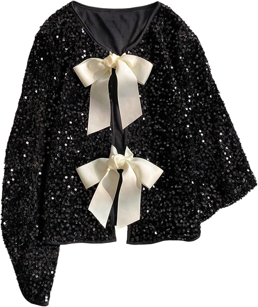 WDIRARA Women's Sequin Bow Knot Crop Jacket Glitter Sparkling Party Outerwear | Amazon (US)