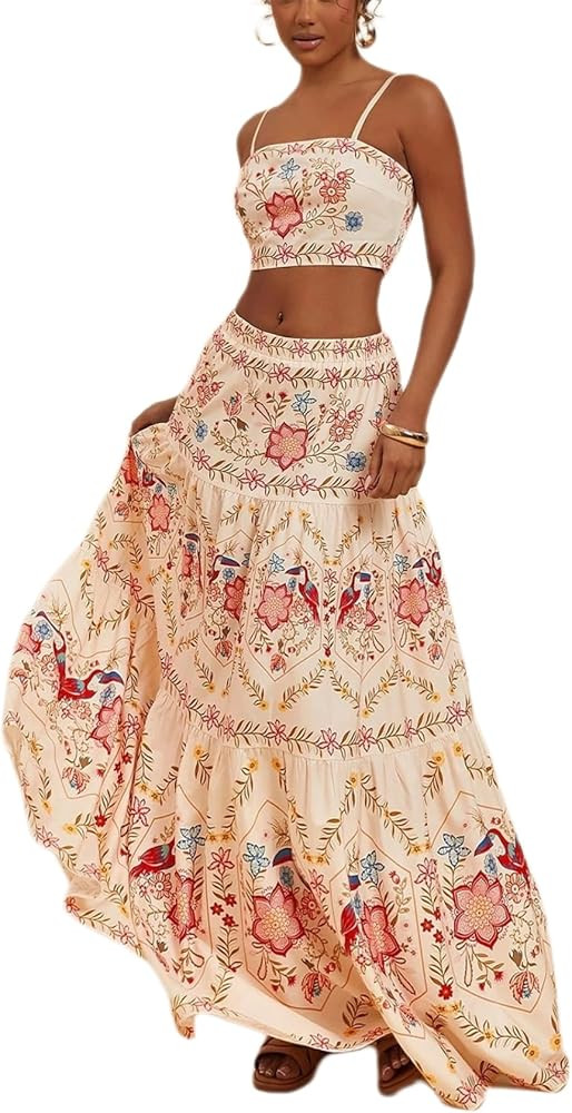 ksotutm Skirt Set Floral Halter Crop Tops and Maxi Skirt Summer Two Piece Sets for Women Going Ou... | Amazon (US)