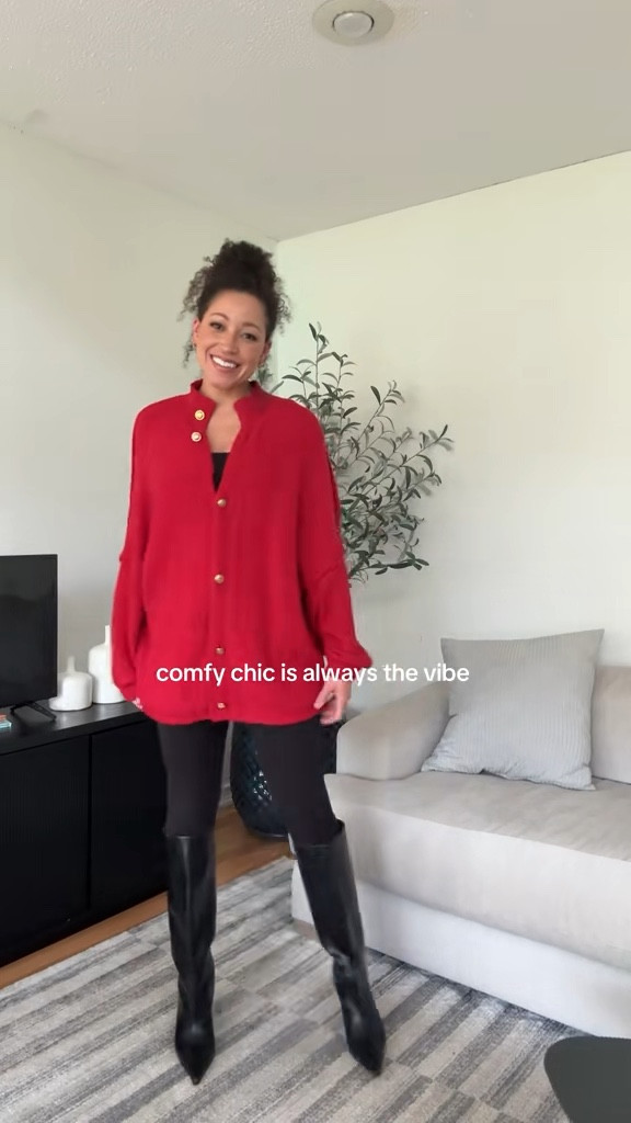 Comfy chic and bump friendly outfit for fall and winter. This oversized cardigan comes in tons of beautiful colors and has gold statement buttons. Sized up to a medium. Leggings and knee high boots.

#LTKBump #LTKFindsUnder50 #LTKShoeCrush