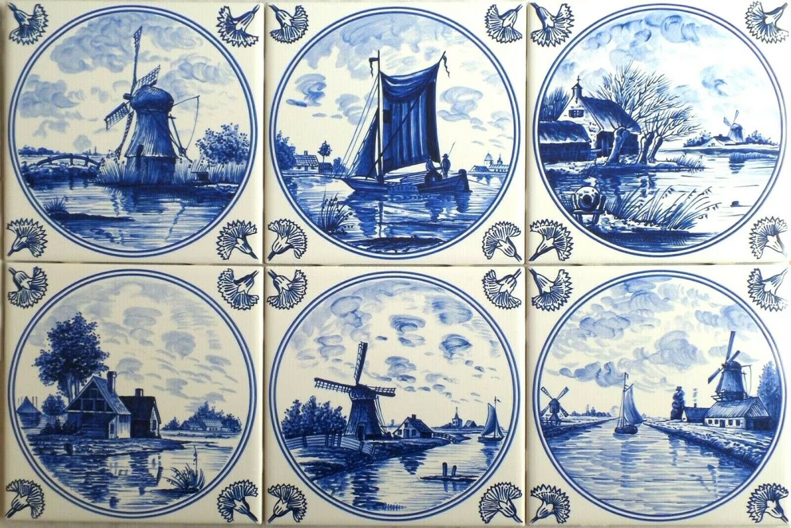 Fireplace Tiles Blue Delft Design Ceramic Tile 6" x 6" set of 6 Wind Mill Boat House Kiln Fired N... | Etsy (US)