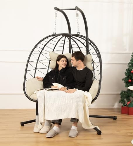 Double Egg Chair with Stand Hammock Swing Chair Foldable Hanging Loveseat, UV Resistant Removable Cushions, 700LBS Capacity for Bedroom, Balcony, Garden(BK-BE) | Amazon (US)