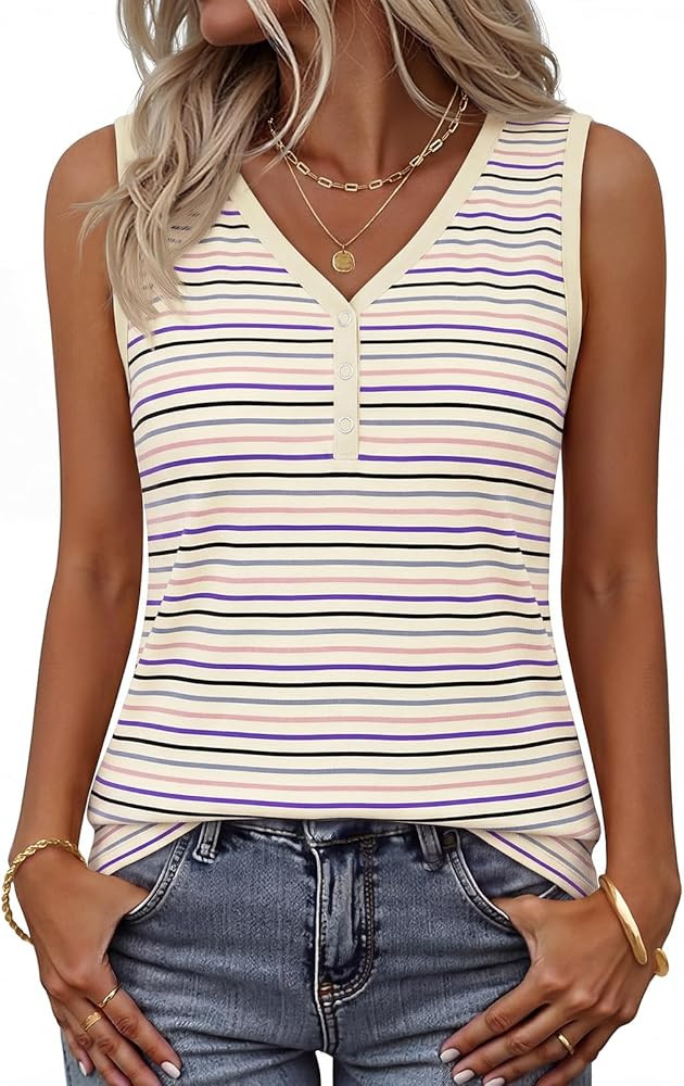 MEROKEETY Women's Summer Tank Tops 2026 Striped V Neck Sleeveless Casual Henley Shirts Colourful ... | Amazon (US)