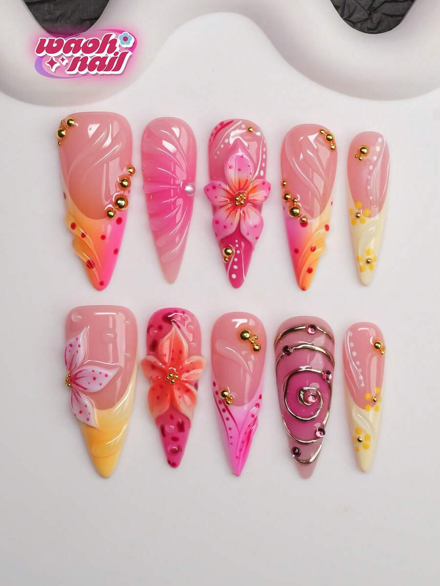 10pcs/Set Handmade Almond-Shaped Y2K Baddie Style Press-On Nails, Nude, Red, Pink, Yellow Shiny N... | SHEIN