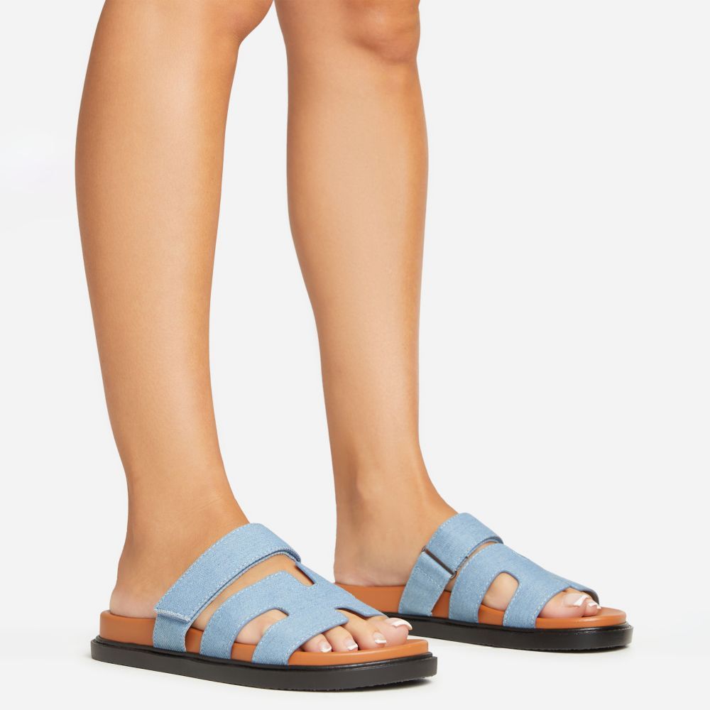 Valerie Gladiator Velcro Strap Flat Slider Sandal In Blue Denim | Ego Shoes (UK)