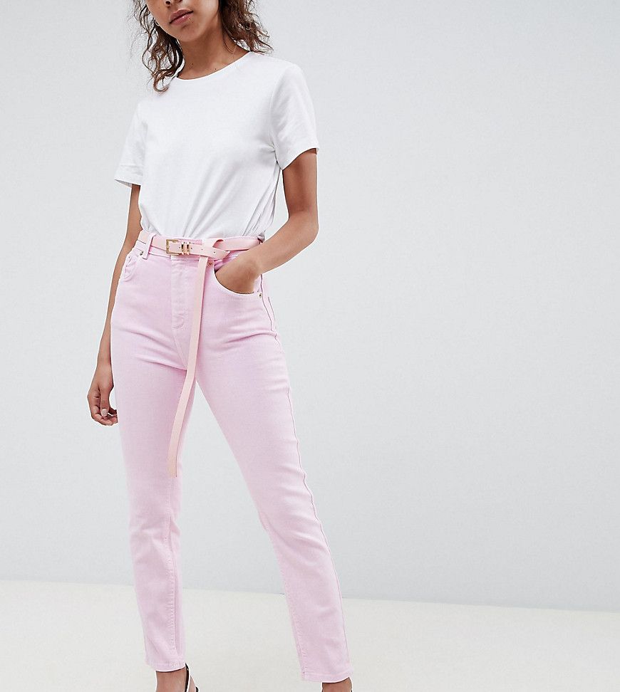ASOS DESIGN Petite Farleigh high waist mom jeans in pretty pink with belt - Pink | ASOS UK