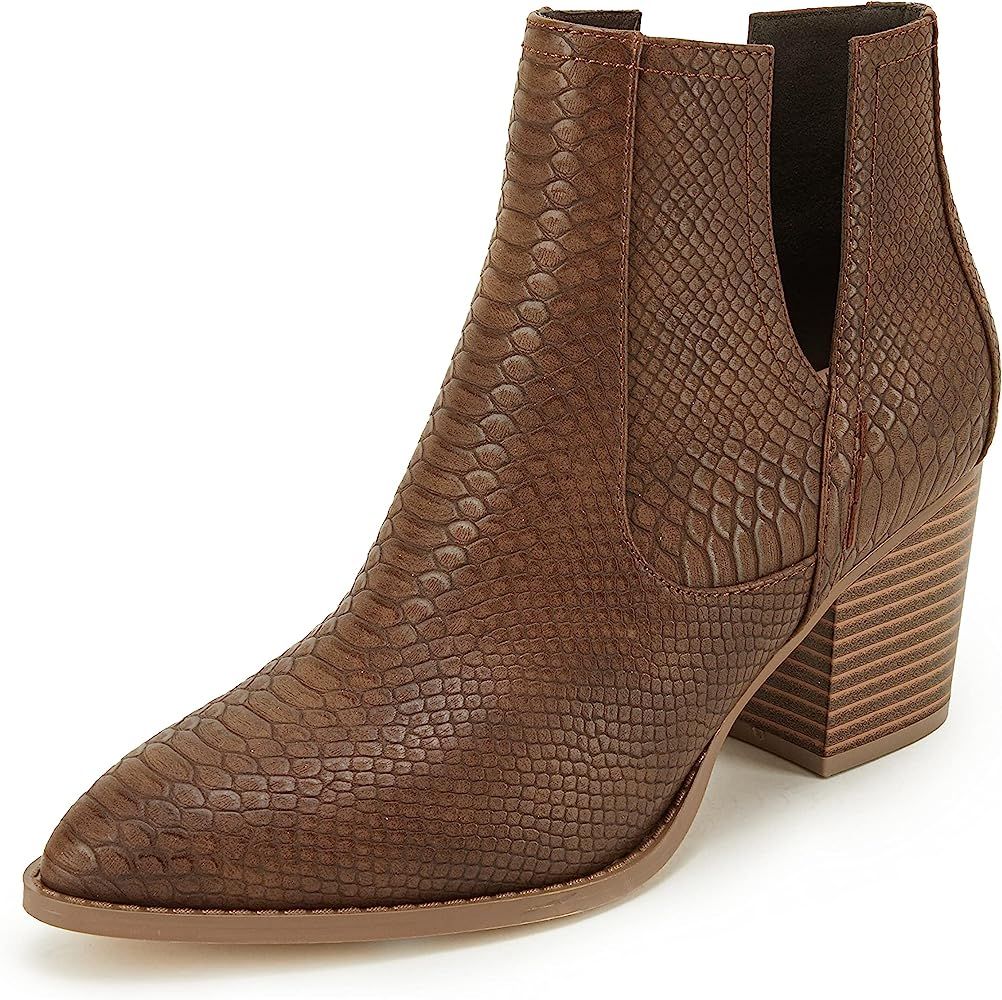 Womens Ankle Boots Slip on Cutout Pointed Toe Snakeskin Chunky Stacked Mid Heel Bootie | Amazon (US)