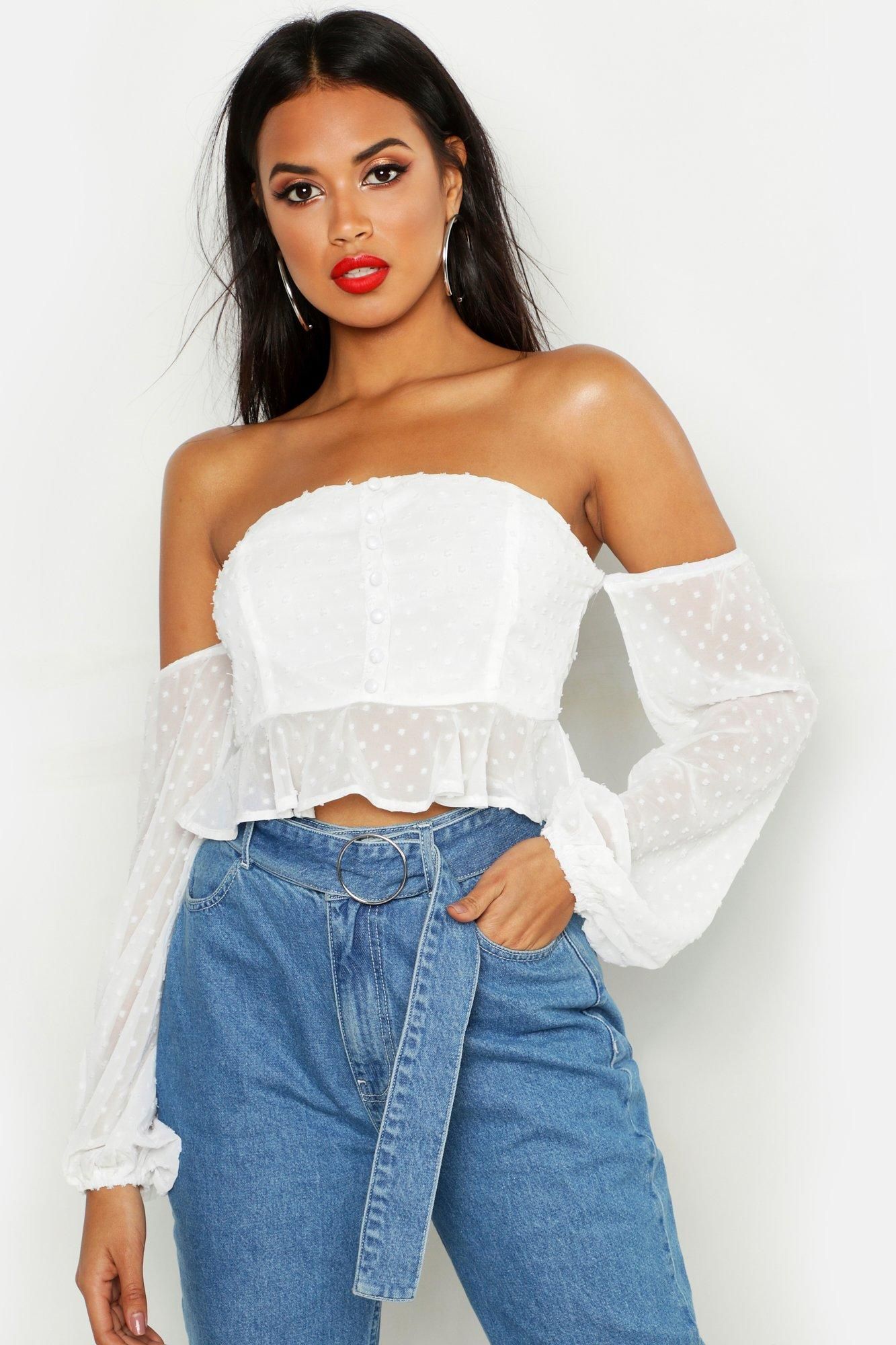 Womens Dobby Spot Off Shoulder Long Sleeve Crop Top - White - 6 | Boohoo.com (US & CA)