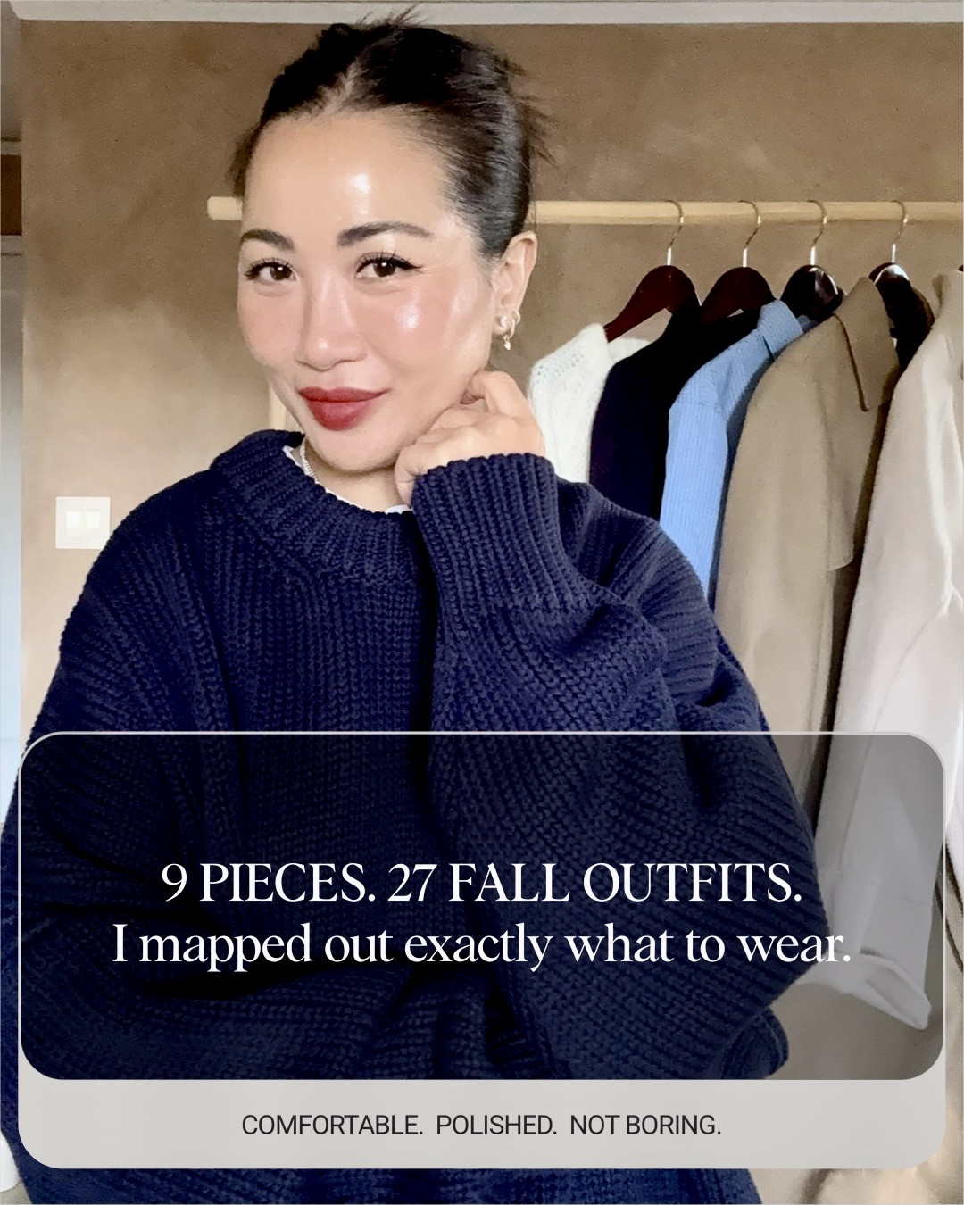CALENDAR (3 tops. 3 bottoms. 3 layers. 27 outfits) towards the end 📆

For size reference, I’m 5 ft 115 pounds and wearing the sizes below. 

TRENCH: I’m wearing a size 0, perfect fit and sweeping maxi length. I can still wear loafers and sneakers with it. 

JACKET: Love the relaxed fit. I’m wearing a size 2 US. 

SWEATER: I’m wearing a size XXS. Great to tuck in or wear on it’s own. 

TEE: the softest tee! I can go down a size to XS but prefers S. I’m wearing a size Small. It’s relaxed and comfortable.

MOCK-NECK SWEATER: featherweight cashmere ribbed sweater. An essential for fall. I’m wearing a size Small. 

BUTTON DOWN: I’m wearing a size Small. Comfortable fit. 

JEANS: I’m wearing 26x26. Super comfortable with stretch and it doesn’t lose shape after hours of wear throughout the day. Very comfortable at the waist and movement-friendly! Color ‘Seaside Blue’.

BROWN PANTS: I’m wearing an XS and it has a 29" inseam. 

NAVY PANTS: I’m wearing a size 4. Great comfortable fit at the waist but I needed to shorten it to fit my frame.