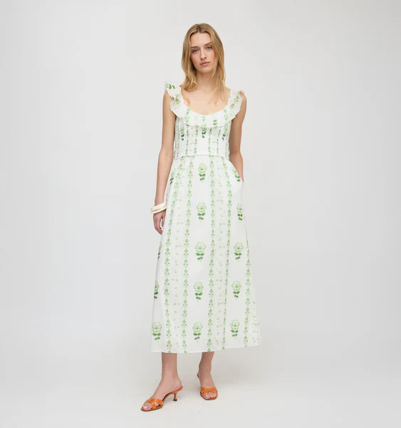The Cambria Nap Dress - White/Green Arcadia Border | Hill House Home US