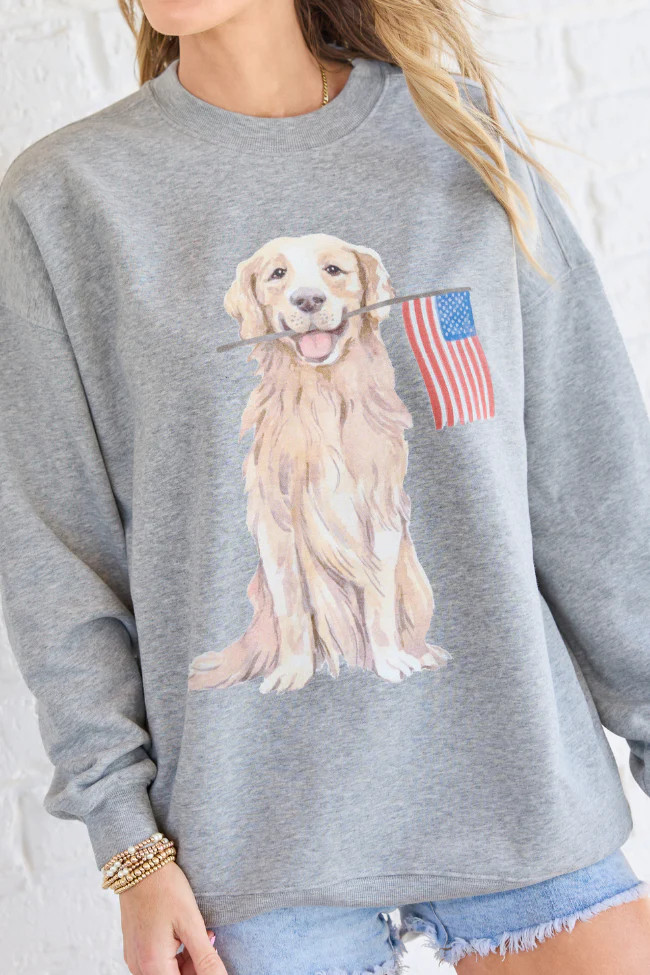 Patriotic Pup Light Grey Graphic Sweatshirt | Pink Lily