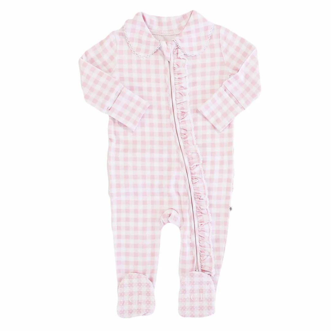 Peter Pan Collar Ruffle Zipper Footie | Rosy Gingham | Caden Lane