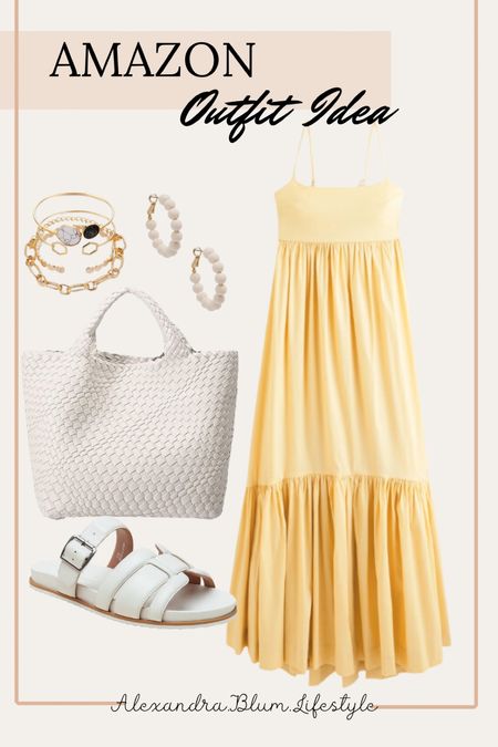 Yellow maxi dress from Abercrombie perfect for summer days! Church outfit! Travel outfit! Spring wedding guest dress! Spring outfit! Summer outfit! Strap white sandals! White woven tote bag! 

#LTKitbag #LTKfindsunder100 #LTKshoecrush