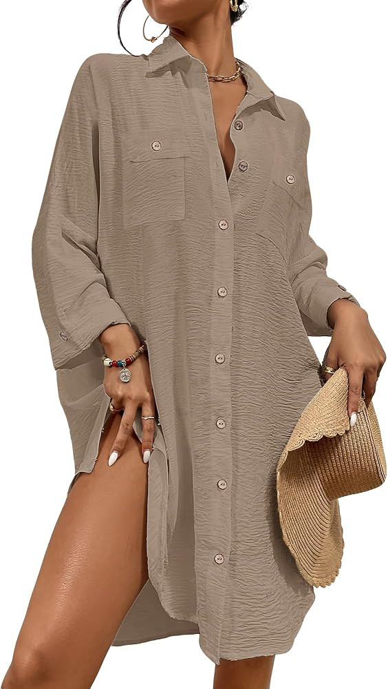 Bsubseach Womens Summer Tops Modern Swimsuit Cover Up Blouse Button Down Beach Shirt Dresses | Amazon (US)