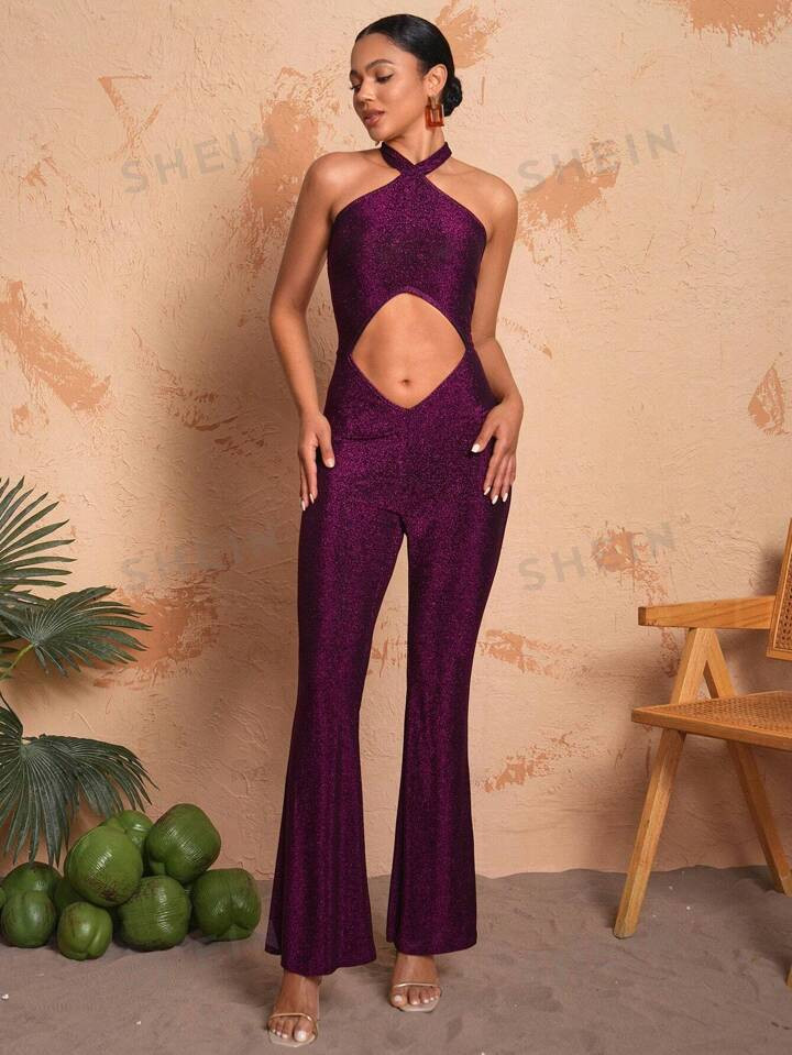 Roselyn Grullon Women Cut Out Flare Leg Halter Sparkly Jumpsuit,For Summer | SHEIN