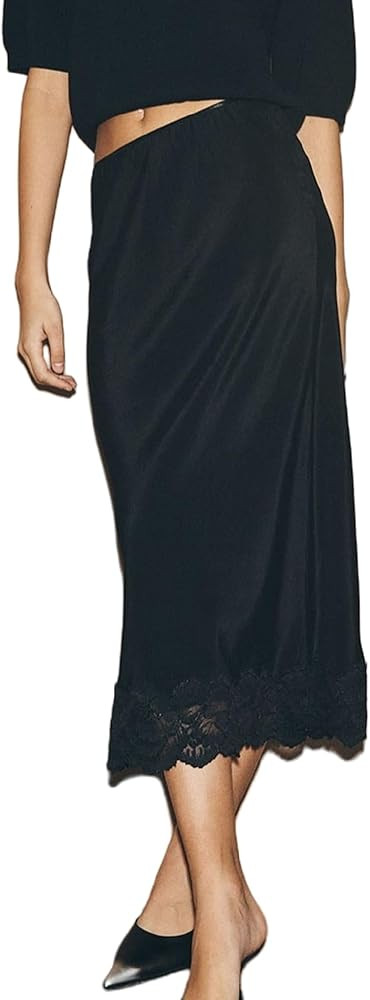Women Half Slip Long Skirts Lace Trim Satin Midi Skirt A Line Flowy Silky Maxi Skirt for Under Dr... | Amazon (US)