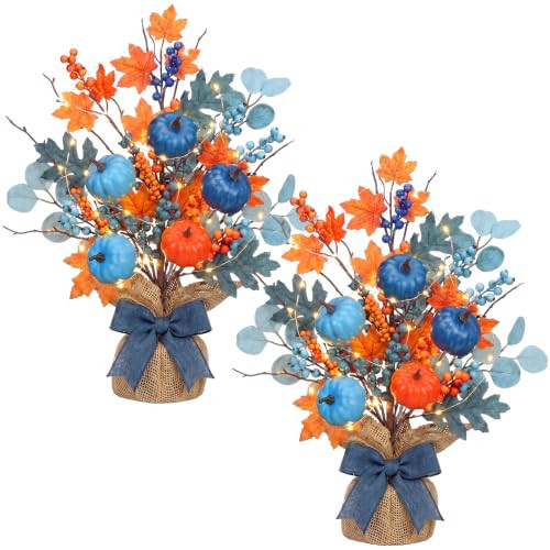 Yinder 2 Pack Lighted Fall Tree 18" Blue Orange Fall Thanksgiving Decor with LED Lights Battery Operated Artificial Eucalyptus Pumpkins Autumn Centerpiece for Harvest Halloween Fireplace Home Decor | Amazon (US)