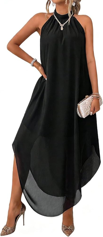 Elegant Long Dresses for Women Sleeveless Halter Neck Double Layer Loose Flowy Chiffon Dress Asym... | Amazon (US)
