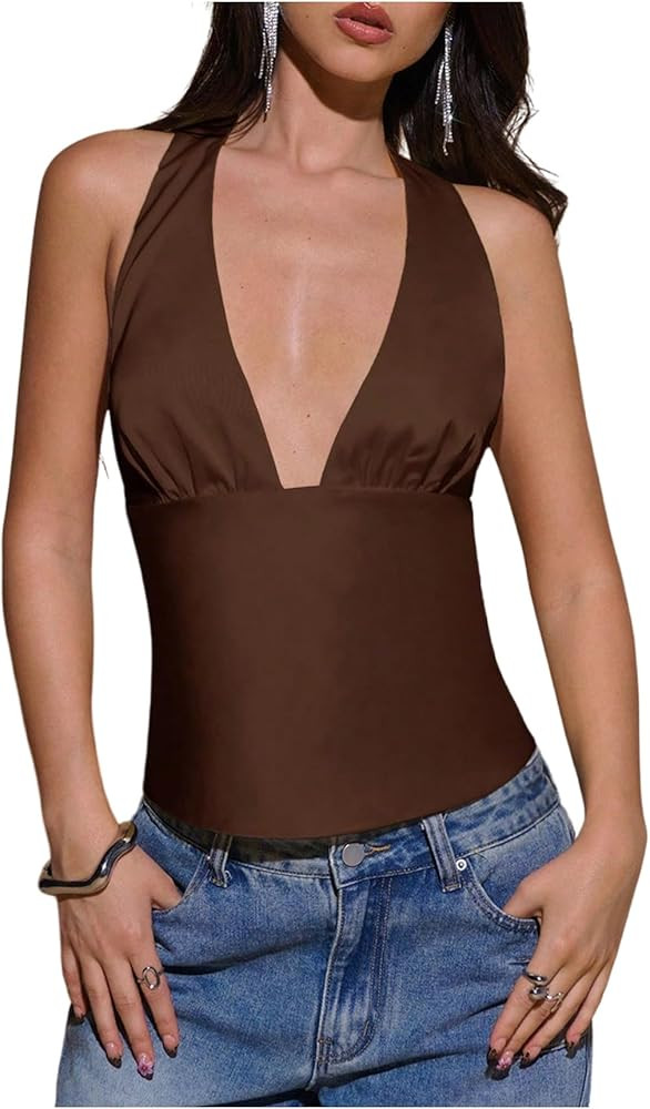 MakeMeChic Women's Y2k Party Satin Halter Top Tie Open Back Low Cut Fitted Tops | Amazon (US)