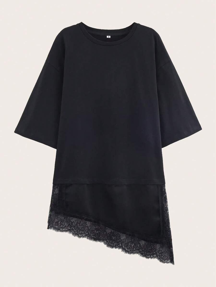 Solid Color Contrast Lace Short Sleeve T-Shirt, Spring/Summer Casual Black | SHEIN