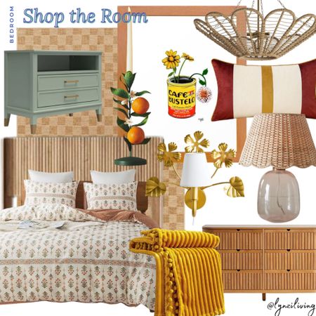 Shop the Room - Bedroom 

Bright bedroom, warm colors,
Yellow bedroom, orange bedroom, bedroom decor, spring home decor, spring decor, bedroom design, bedroom inspo, bedroom furniture, Amazon bedroom, bedroom art, bedroom rug,
Checkered area rug, neutral rug, sage nightstand, green nightstand, Wayfair nightstand, Amazon headboard, neutral headboard, beige headboard, orange floral bedding, floral duvet set, mustard yellow throw blanket, Amazon throw blanket, urban outfitters home, light wood dresser, bedroom lighting, bedroom lamp, bedroom chandelier, bedroom wall sconce, gold wall sconces, floral wall sconce, rattan lamp, clear lamp, neutral table lamp, red and yellow throw pillow, striped throw pillow, cafe bustelo wall art, yellow wall art, framed wall art, coffee wall art, rattan chandelier, tangerine candle holder, orange taper candle holder 

#LTKhome