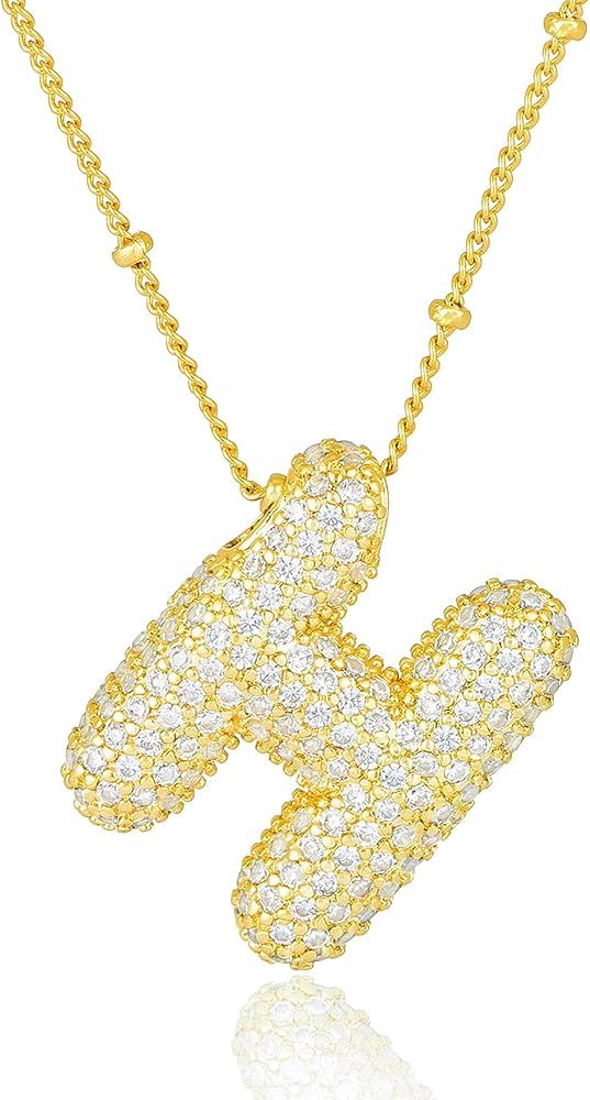 Pwiuor Bubble Letter Necklace Gold Balloon Initial Pendant Necklace Dainty Zirconia Alphabet Name... | Amazon (US)