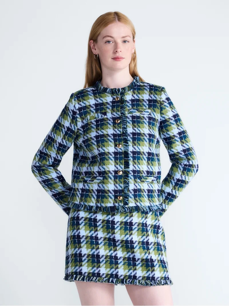 Free Assembly Women's Cropped Tweed Jacket with Fringe Trim, Sizes XS-XXL | Walmart (US)