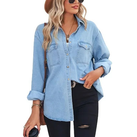 Defitshape Women s Long Sleeve Denim Button Down Shirt Top Soft Shirt Western Button Up Casual Split Spring Outerwear Light Blue Large | Walmart (US)