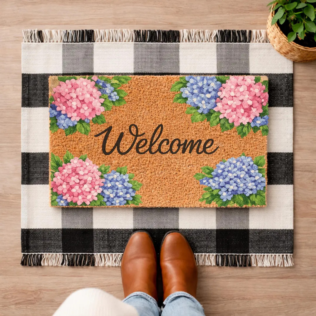 Hydrangea Welcome Doormat, Spring Floral Front Porch Decor, Pink Blue Flower Door Mat, Farmhouse ... | Etsy (US)