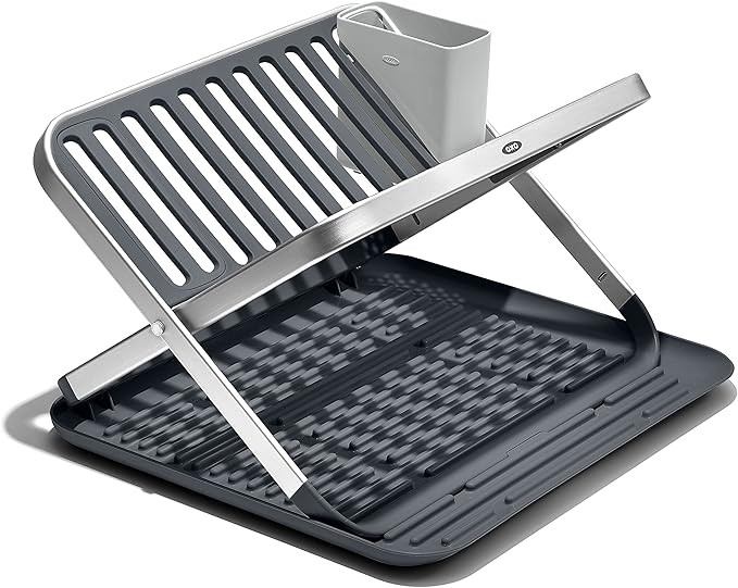 OXO Good Grips Aluminum Fold Flat Dish Drying Rack, 2-Tier, with Drainboard, for Kitchen Counter,... | Amazon (US)