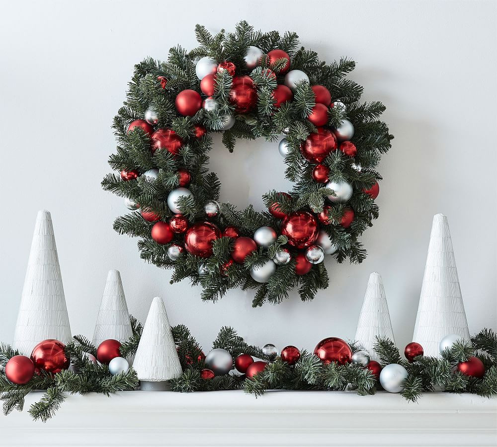 Faux Pine Ornament Wreath & Garland - Red & Silver | Pottery Barn (US)