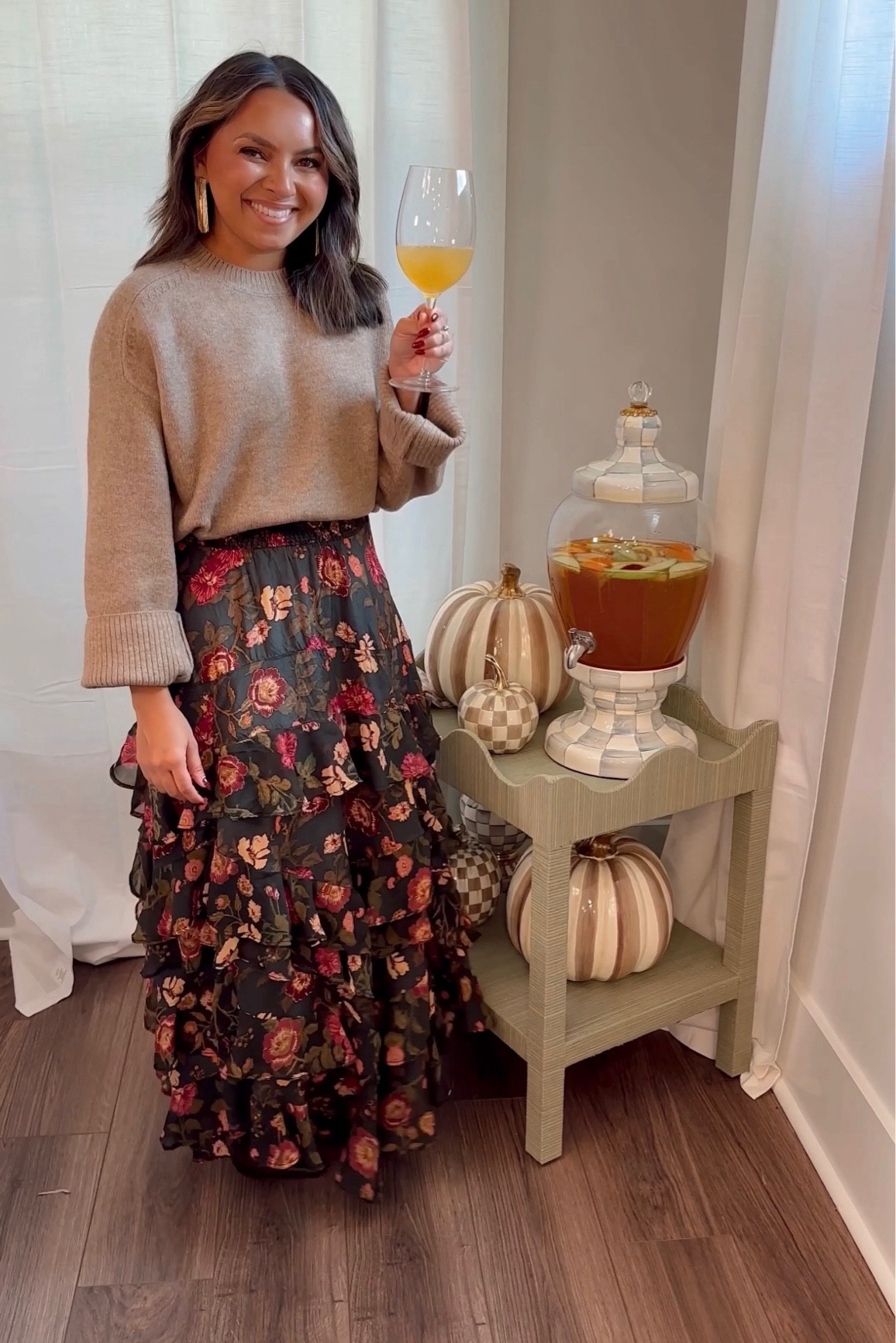 Taupe Crewneck sweater size XS TTS 
Ruffle maxi skirt size XS TTS

Mackenzie Childs: Use code HONEYSWEET15 for 15% off for the next 48 hours! Valid once per shopper now through 9/29. 

Fall outfit 
Fall style 
Fall decor 
Hosting 
Fall home decor 
Home decor 

Honey Sweet Petite 
Honeysweetpetite 

#LTKStyleTip #LTKHalloween #LTKSeasonal